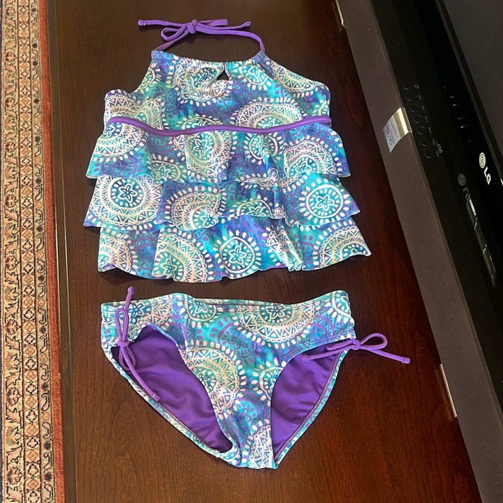 Girl’s Justice Sparkly Blue, Purple, & White Tankini Swimsuit. Size 14.